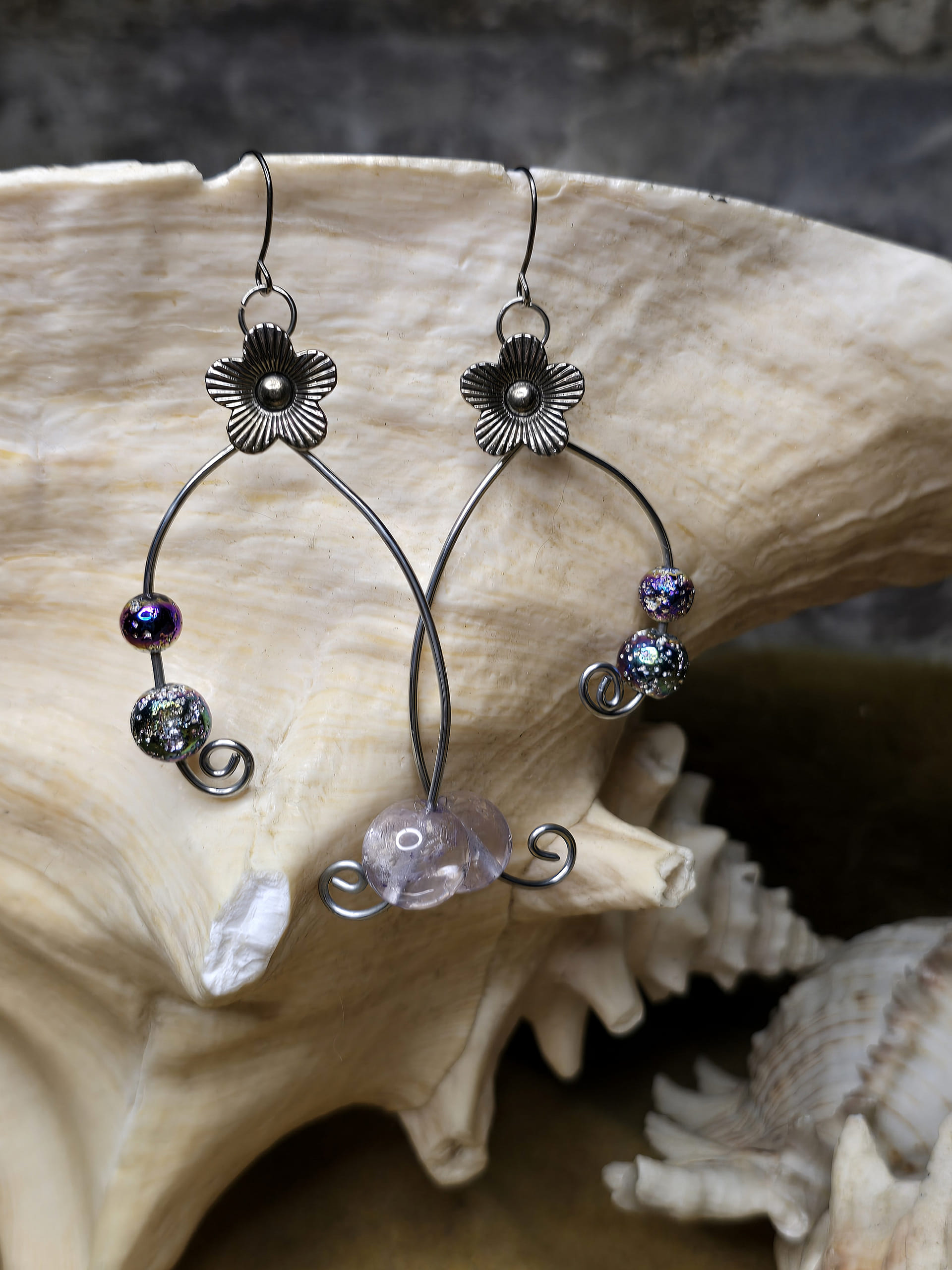 Amethyst & Lava Rock Wishbone Earrings - Image 2