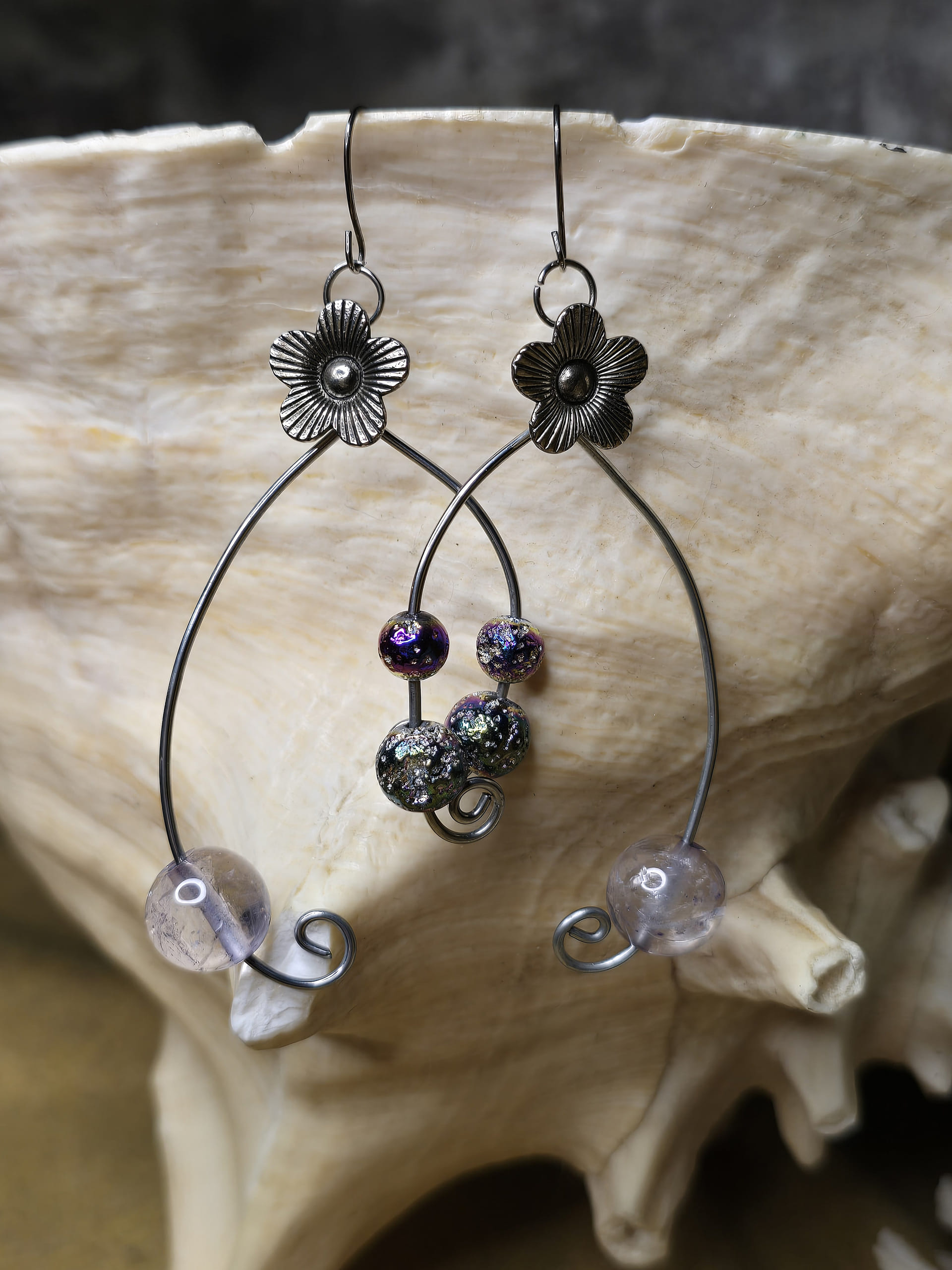 Amethyst & Lava Rock Wishbone Earrings