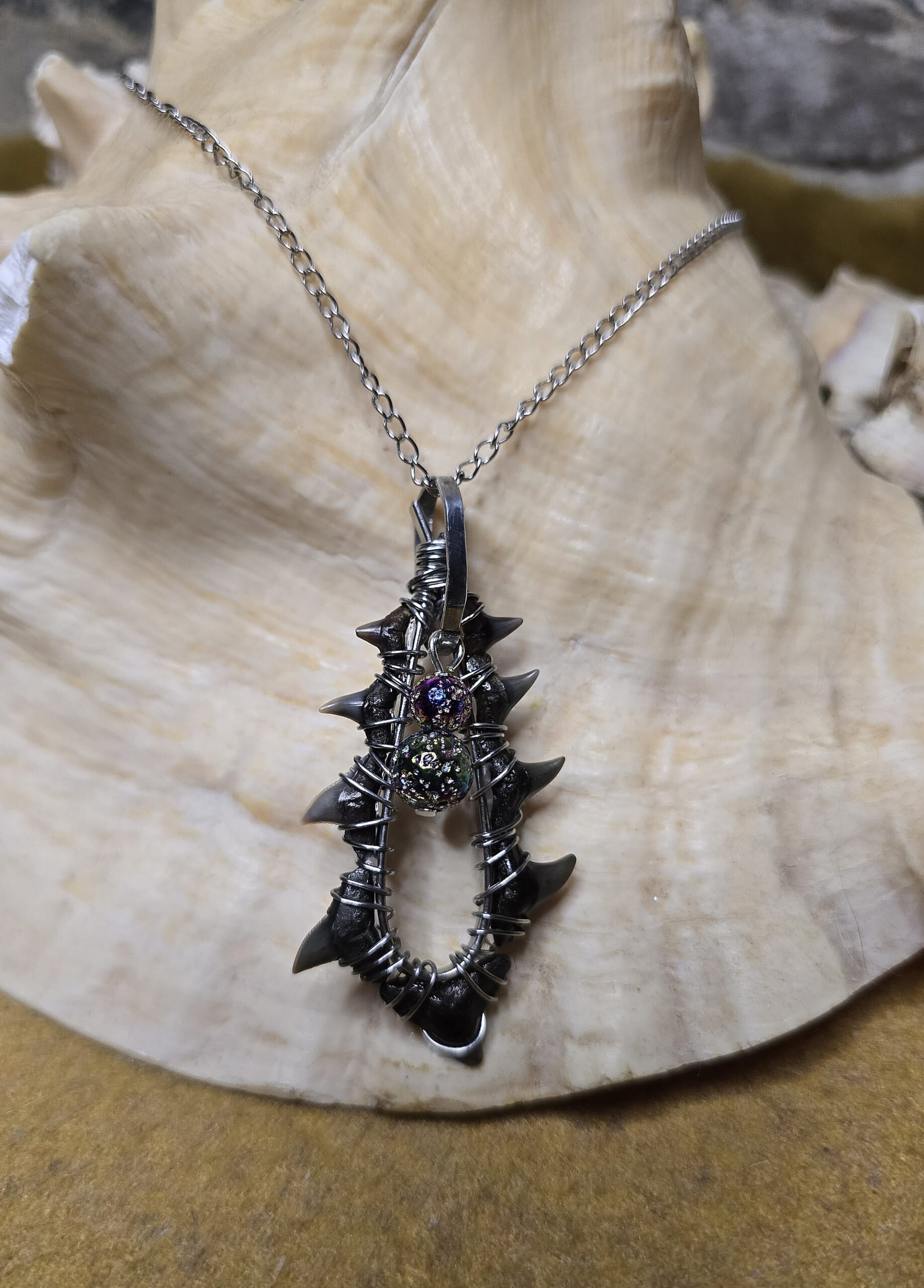 Fossilized Tiger Shark & Bismuth Coated Lava Rock Necklace - Image 7