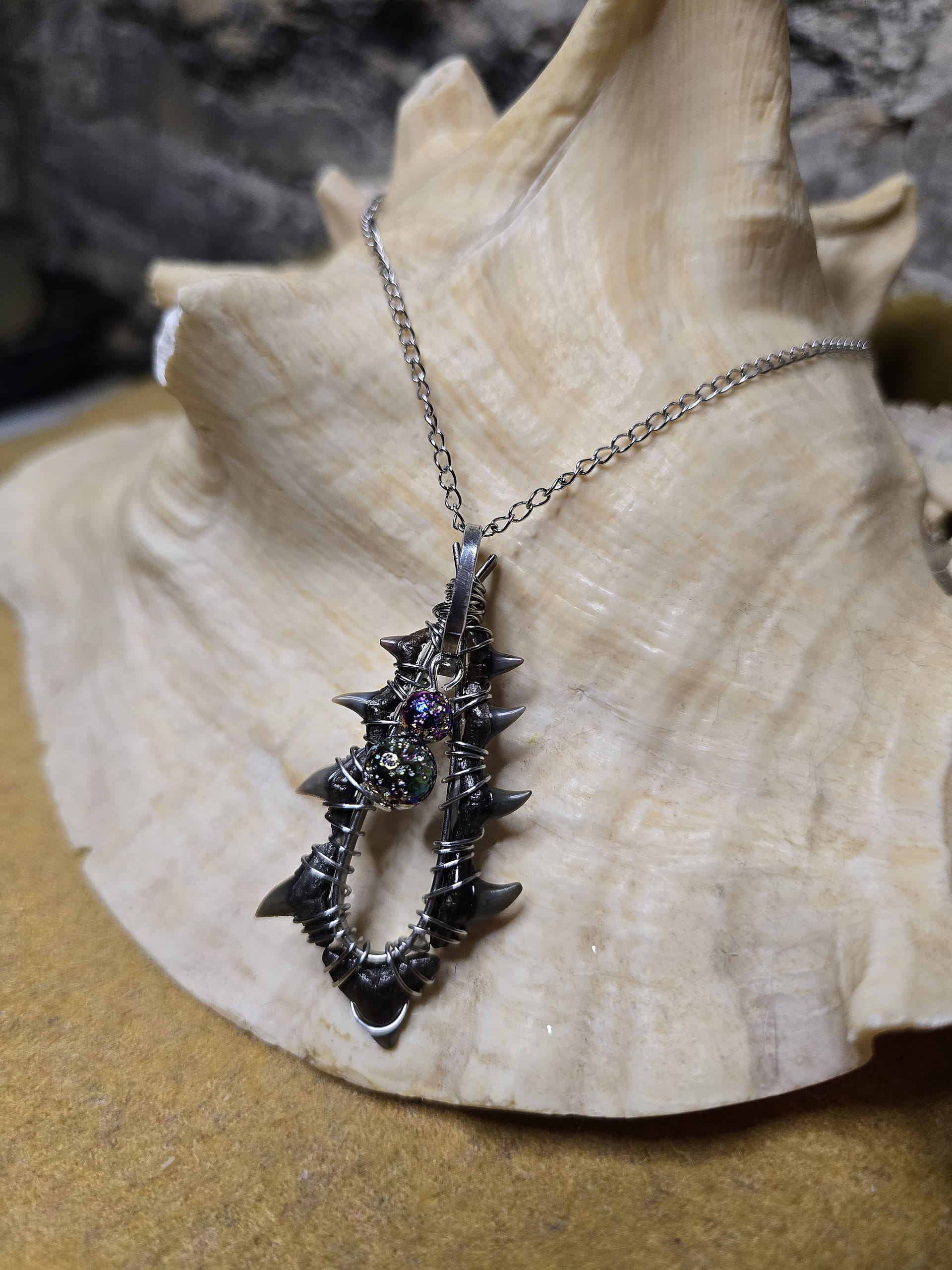 Fossilized Tiger Shark & Bismuth Coated Lava Rock Necklace - Image 6