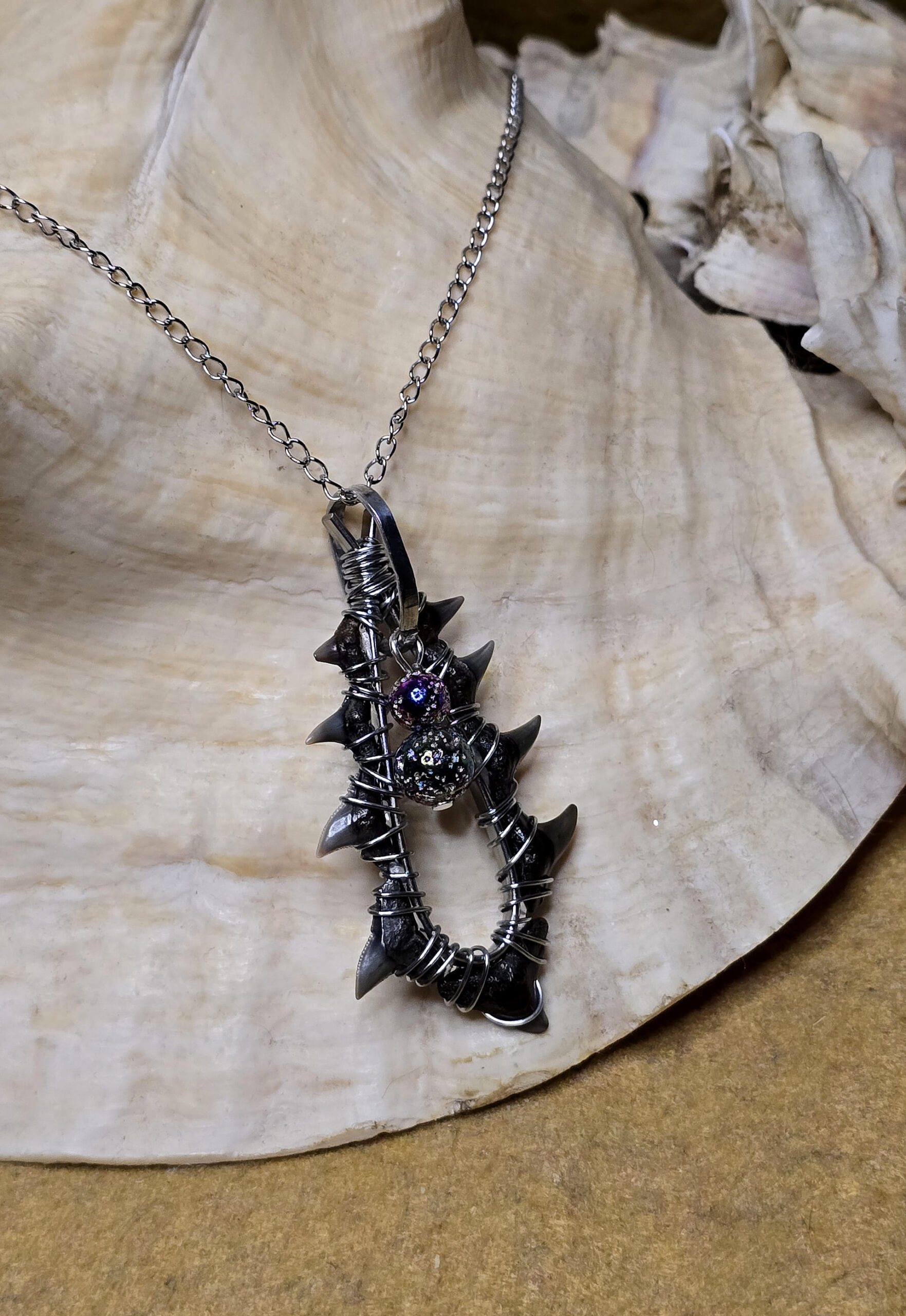 Fossilized Tiger Shark & Bismuth Coated Lava Rock Necklace - Image 5
