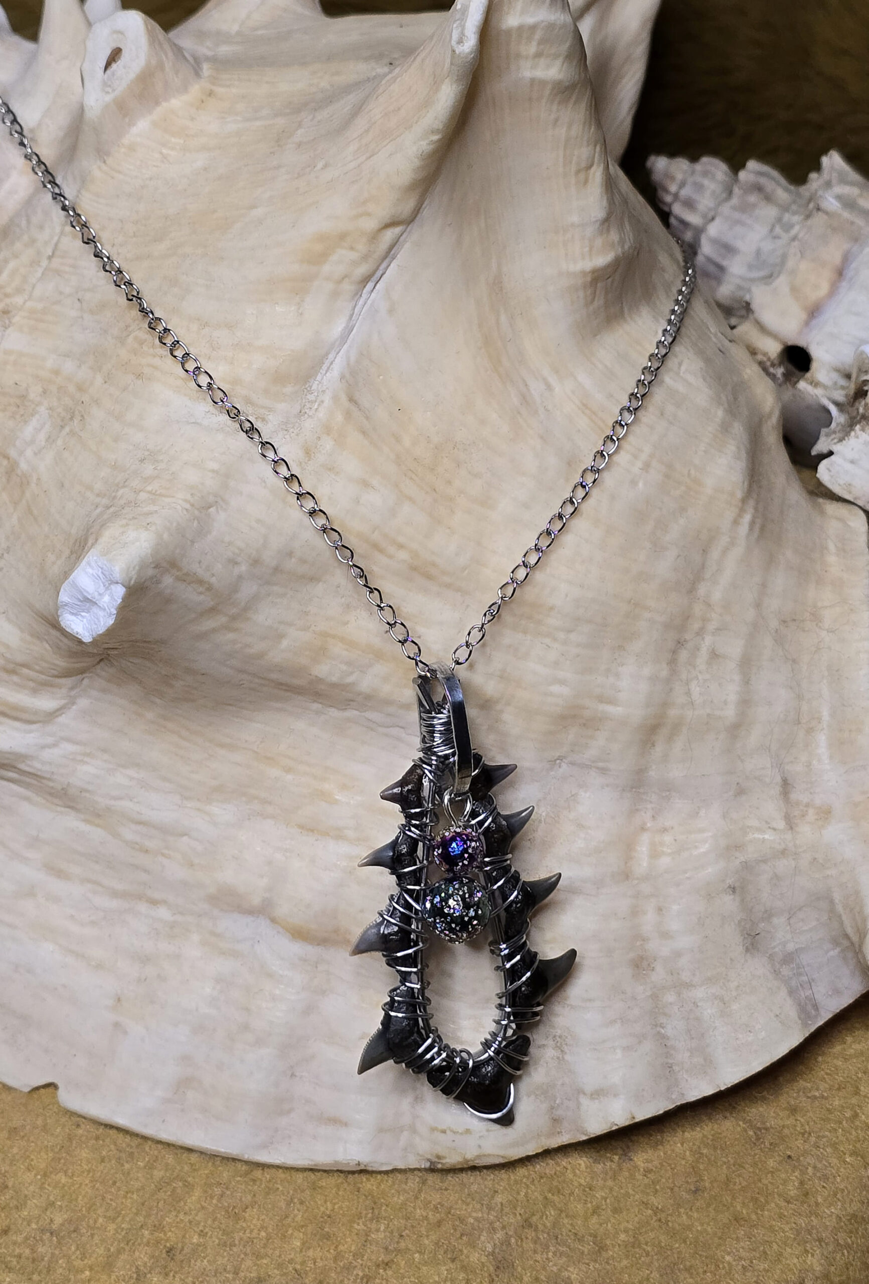 Fossilized Tiger Shark & Bismuth Coated Lava Rock Necklace - Image 4