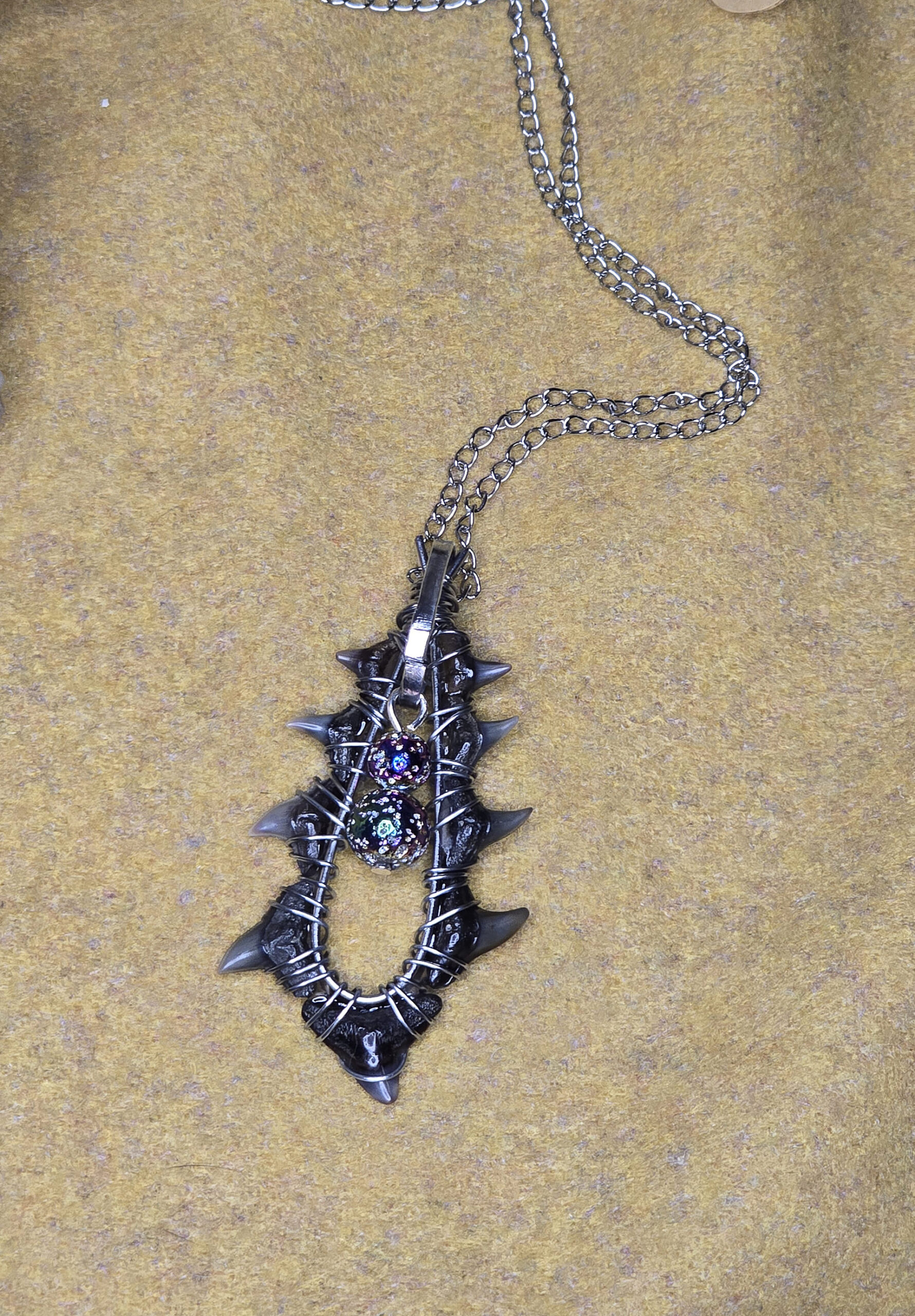 Fossilized Tiger Shark & Bismuth Coated Lava Rock Necklace - Image 3