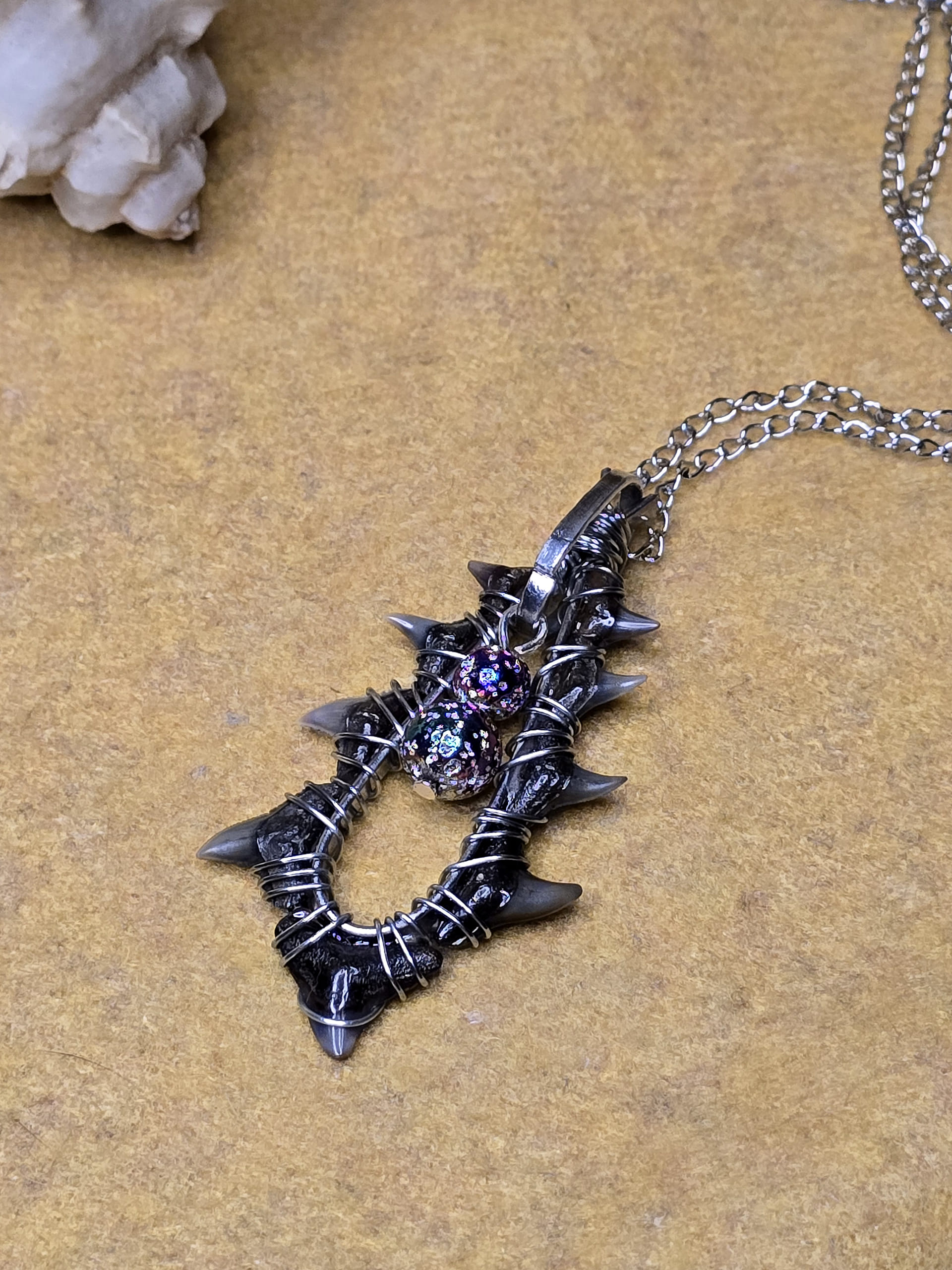 Fossilized Tiger Shark & Bismuth Coated Lava Rock Necklace - Image 2