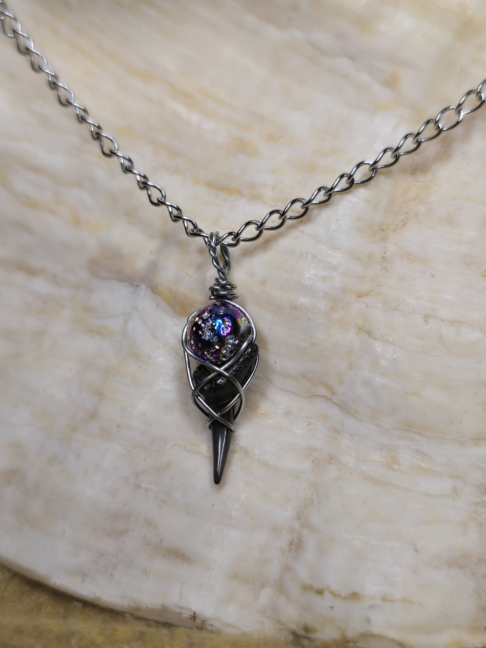 Fossilized Tiger Shark Tooth & Lava Rock Necklace